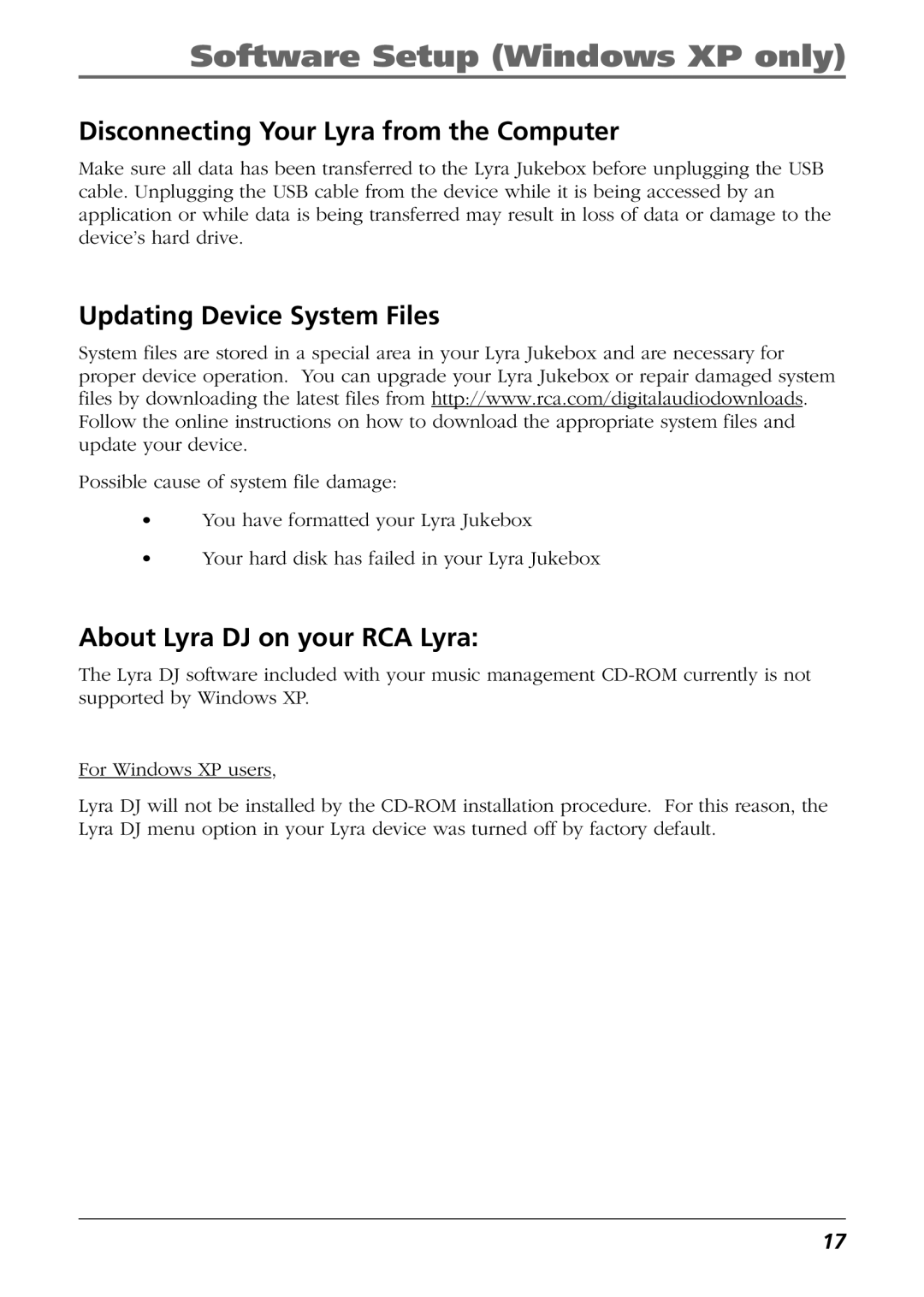 RCA RD2763FM manual Disconnecting Your Lyra from the Computer, Updating Device System Files, About Lyra DJ on your RCA Lyra 