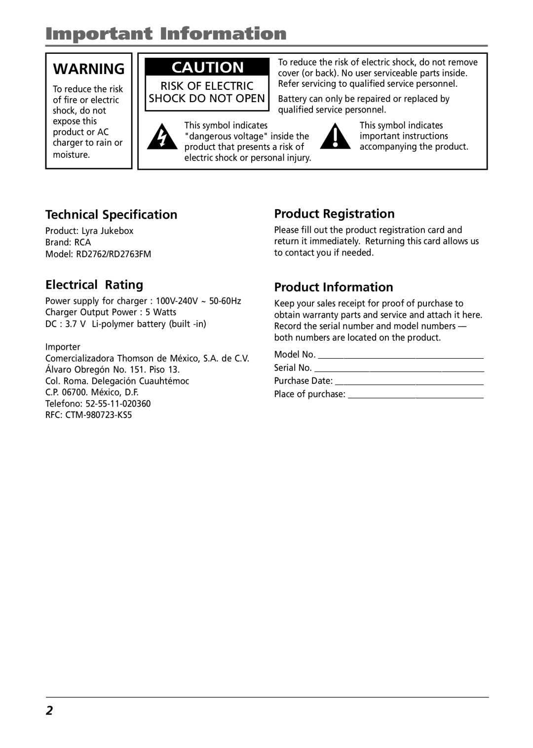 RCA RD2763FM manual Important Information, Shock do not Open 