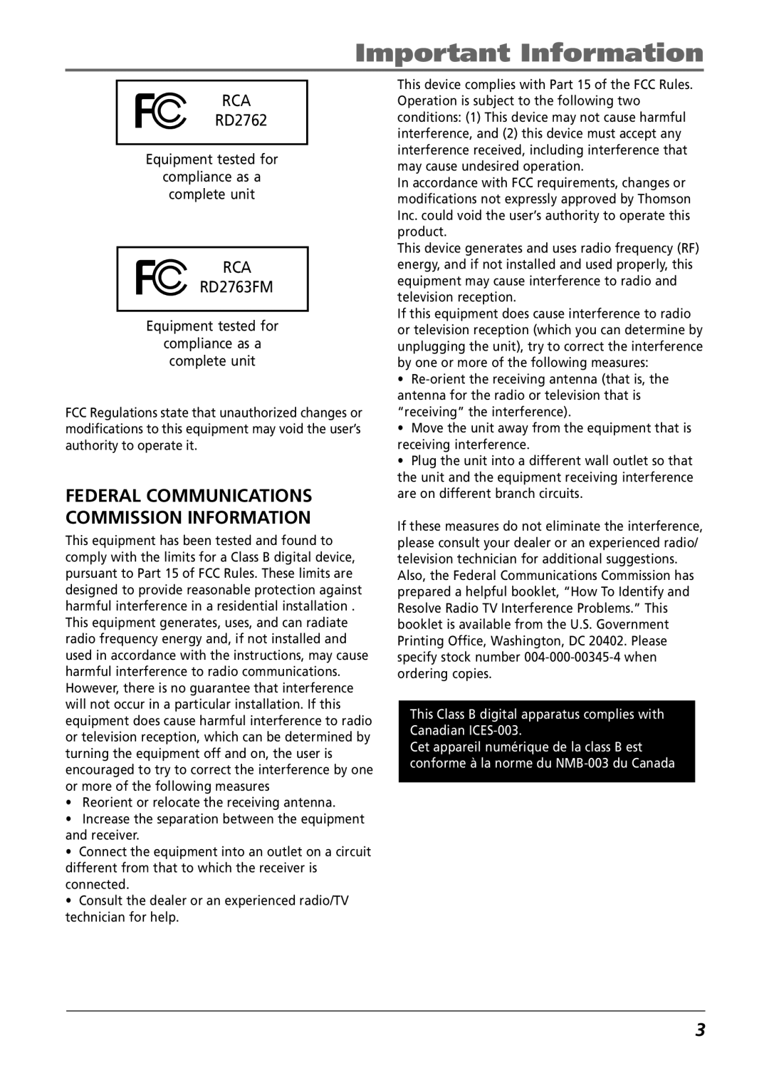 RCA RD2763FM manual Federal Communications Commission Information 