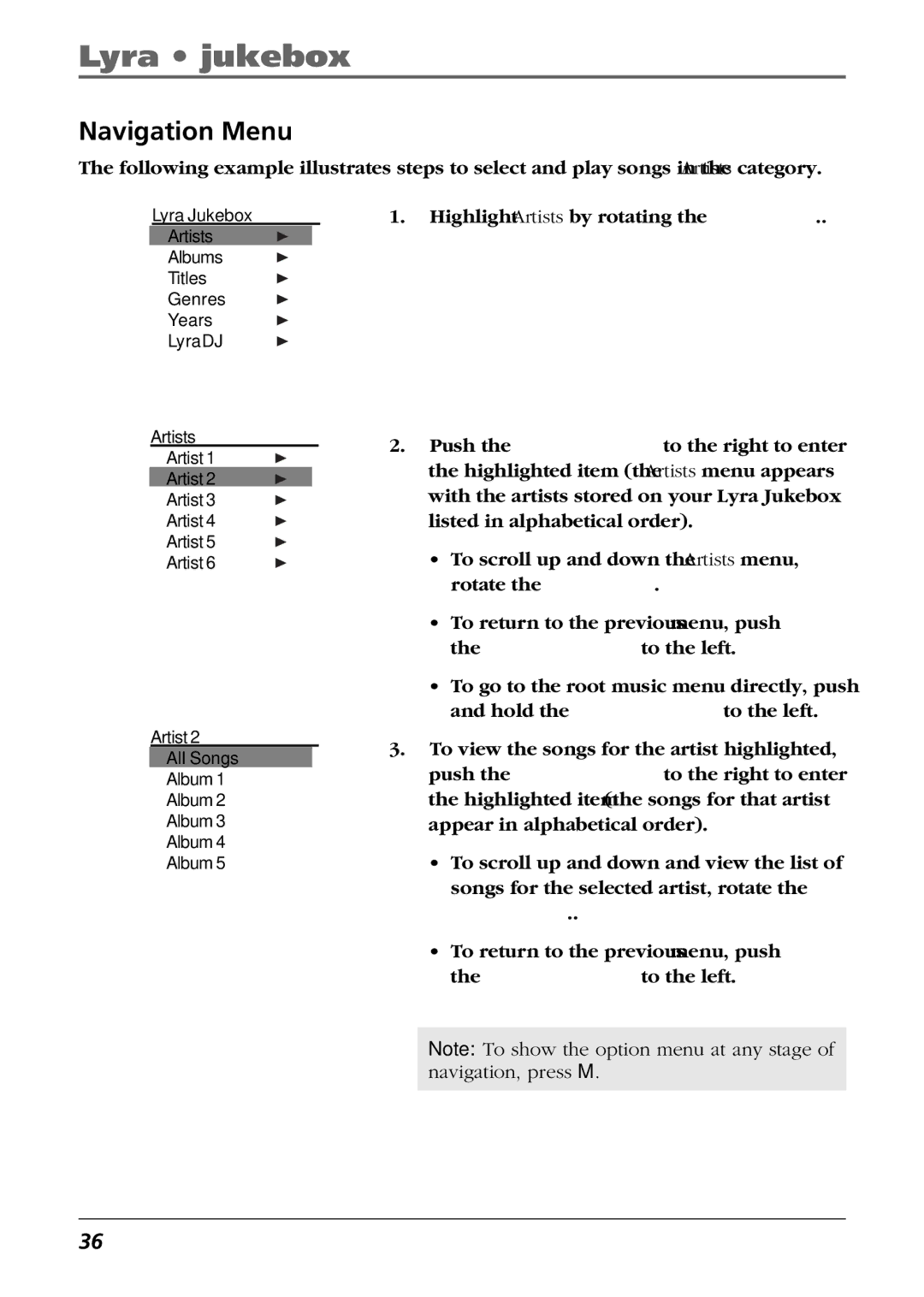 RCA RD2763FM manual Navigation Menu, Control joystick to the left 