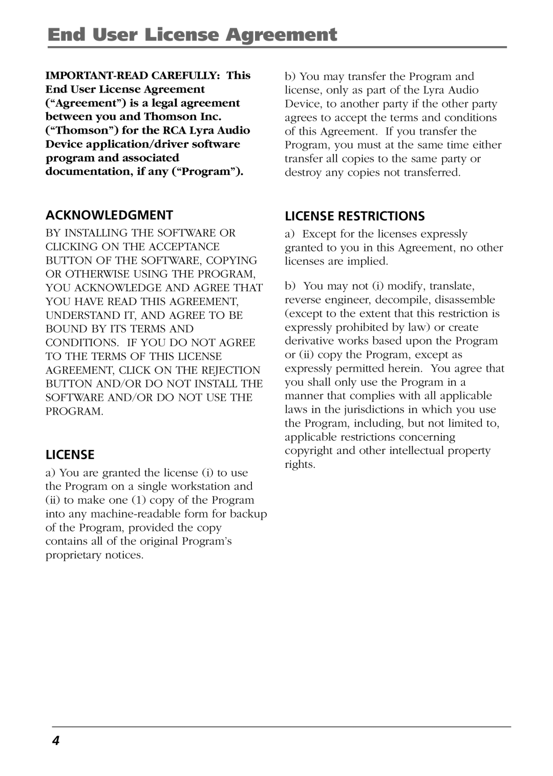 RCA RD2763FM manual End User License Agreement, Acknowledgment 