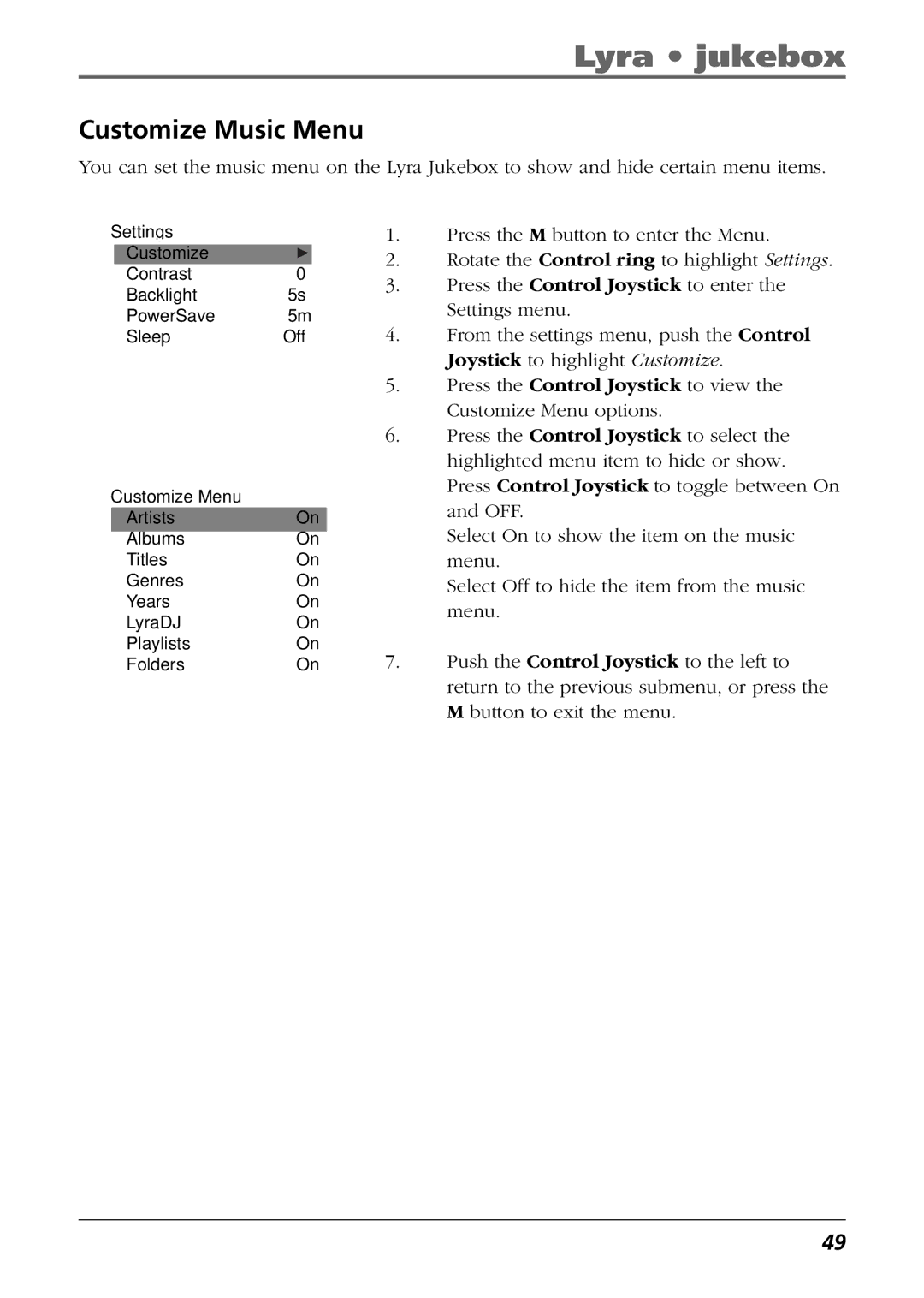 RCA RD2763FM manual Customize Music Menu 