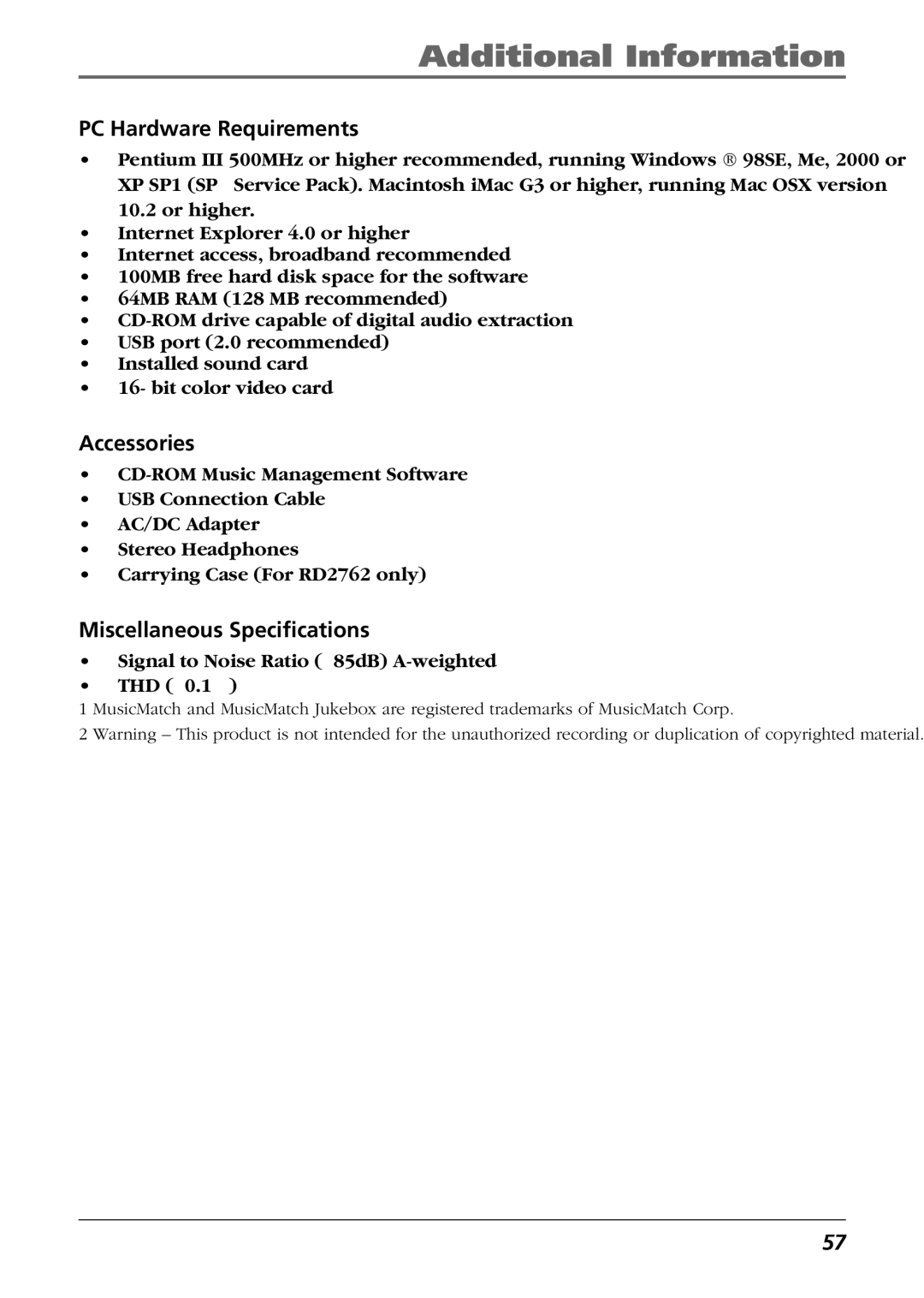 RCA RD2763FM manual PC Hardware Requirements 