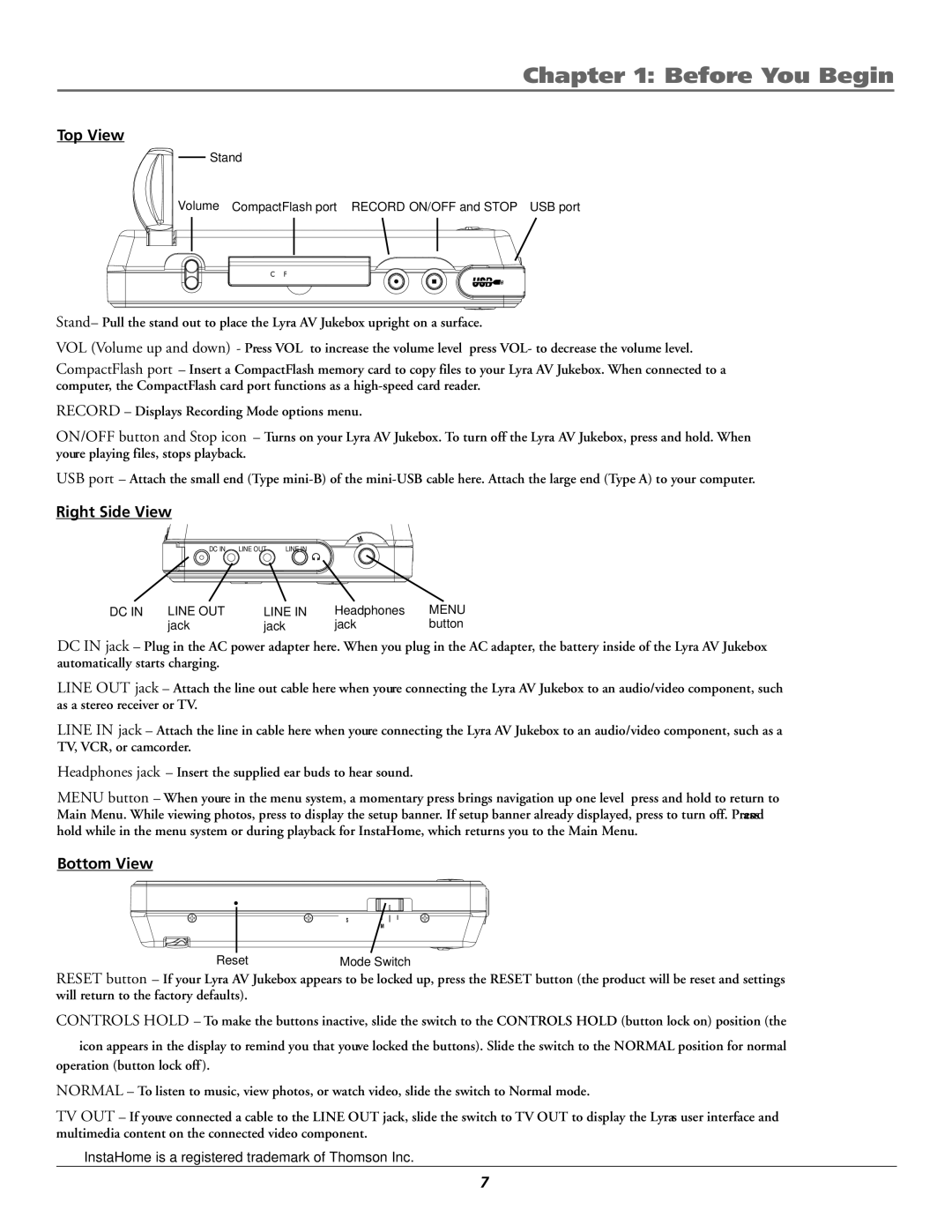 RCA RD2780 manual Top View, Right Side View, Bottom View 