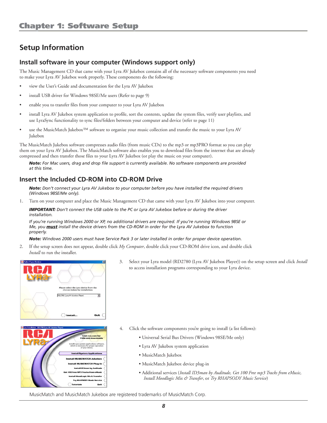 RCA RD2780 manual Software Setup, Setup Information, Install software in your computer Windows support only 