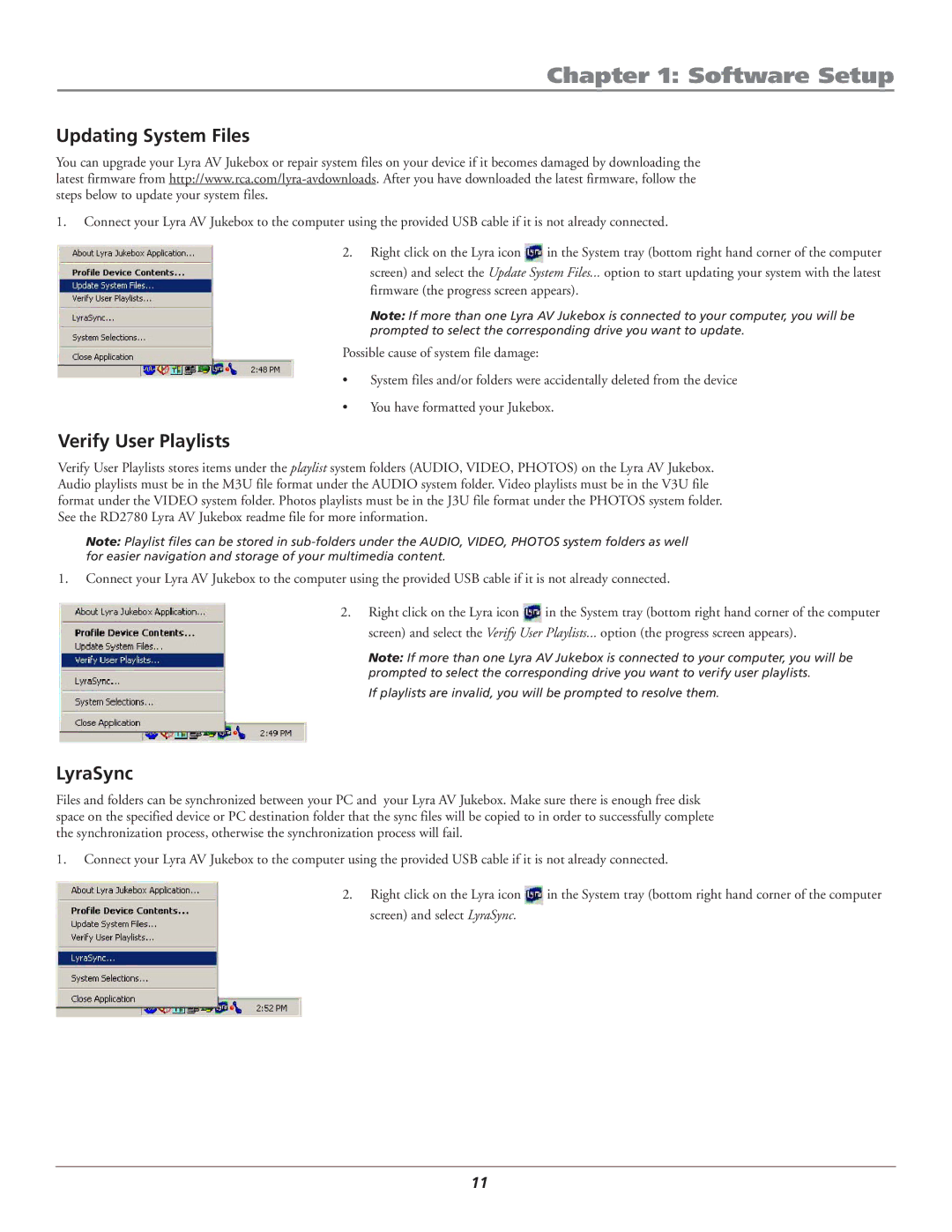 RCA RD2780 manual Updating System Files, Verify User Playlists, LyraSync 