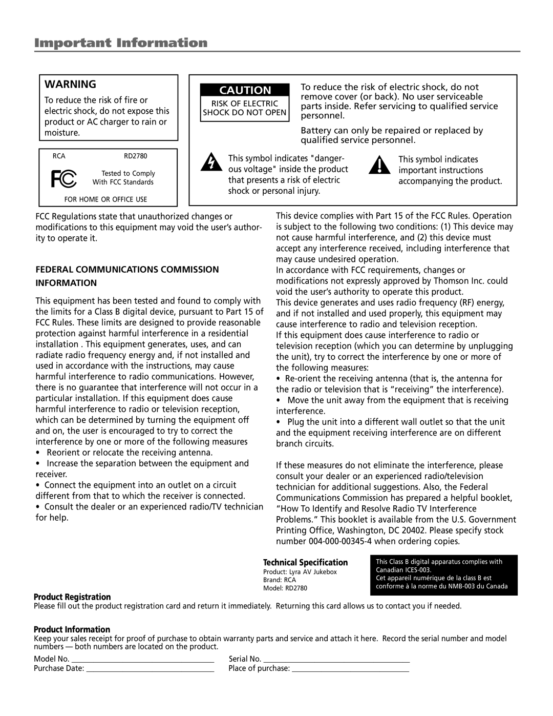 RCA RD2780 manual Important Information, Technical Specification, Product Registration, Product Information 