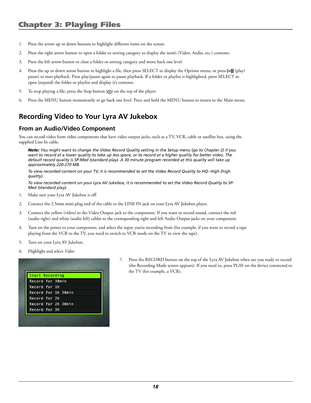 RCA RD2780 manual Playing Files, Recording Video to Your Lyra AV Jukebox, From an Audio/Video Component 