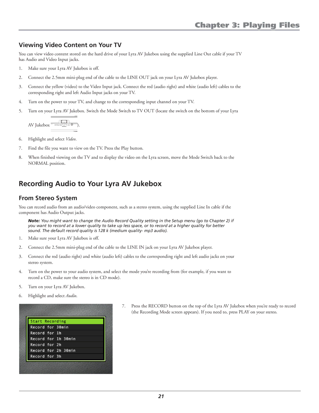 RCA RD2780 manual Recording Audio to Your Lyra AV Jukebox, Viewing Video Content on Your TV, From Stereo System 