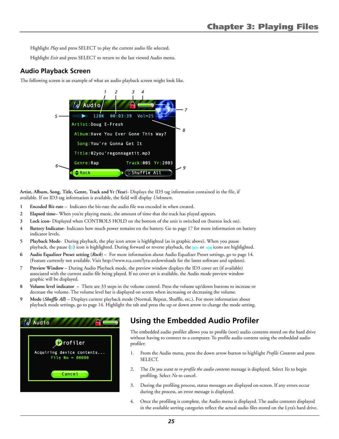 RCA RD2780 manual Using the Embedded Audio Profiler, Audio Playback Screen 