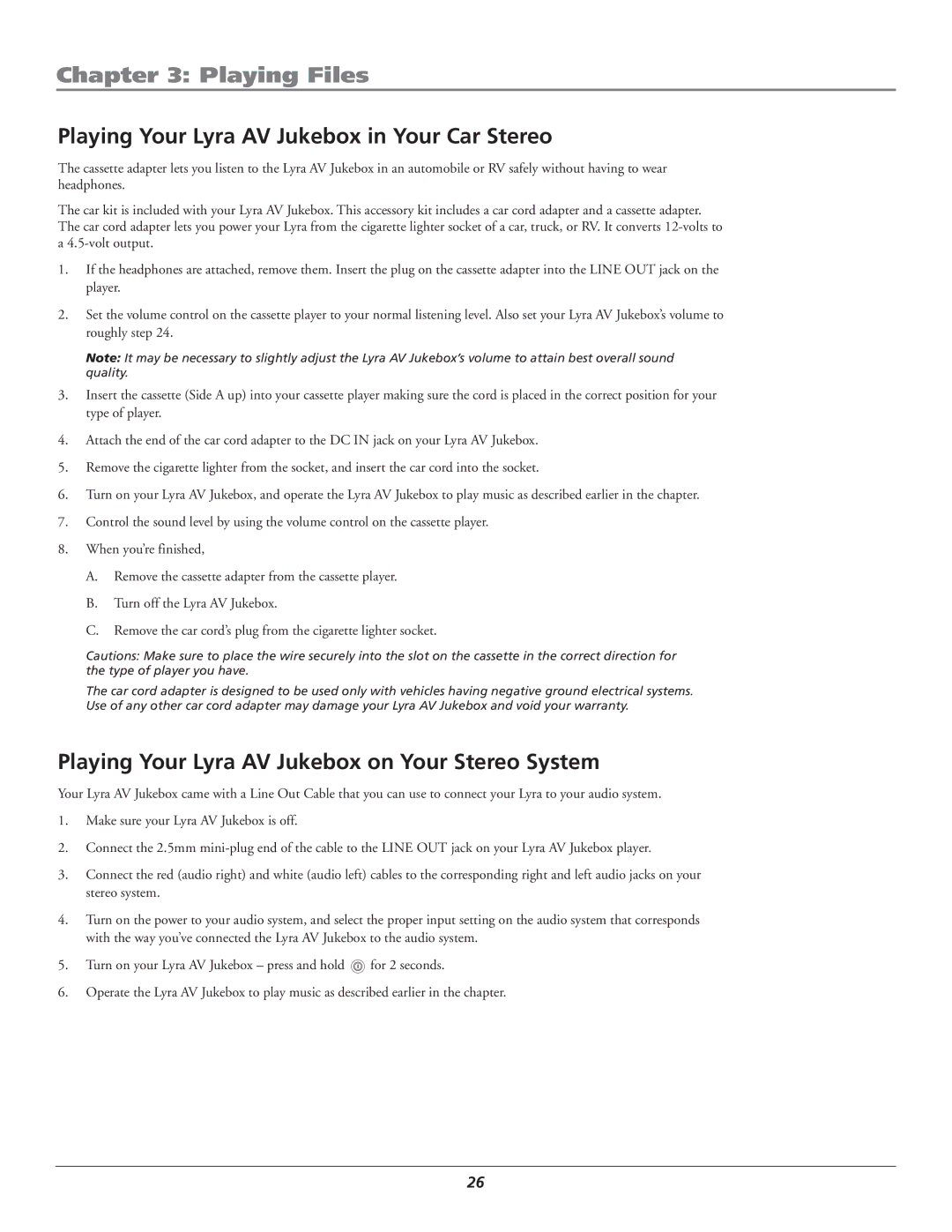 RCA RD2780 manual Playing Your Lyra AV Jukebox in Your Car Stereo, Playing Your Lyra AV Jukebox on Your Stereo System 