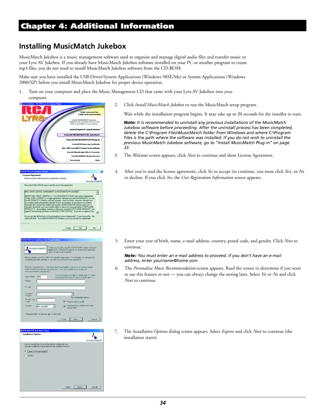 RCA RD2780 manual Additional Information, Installing MusicMatch Jukebox 