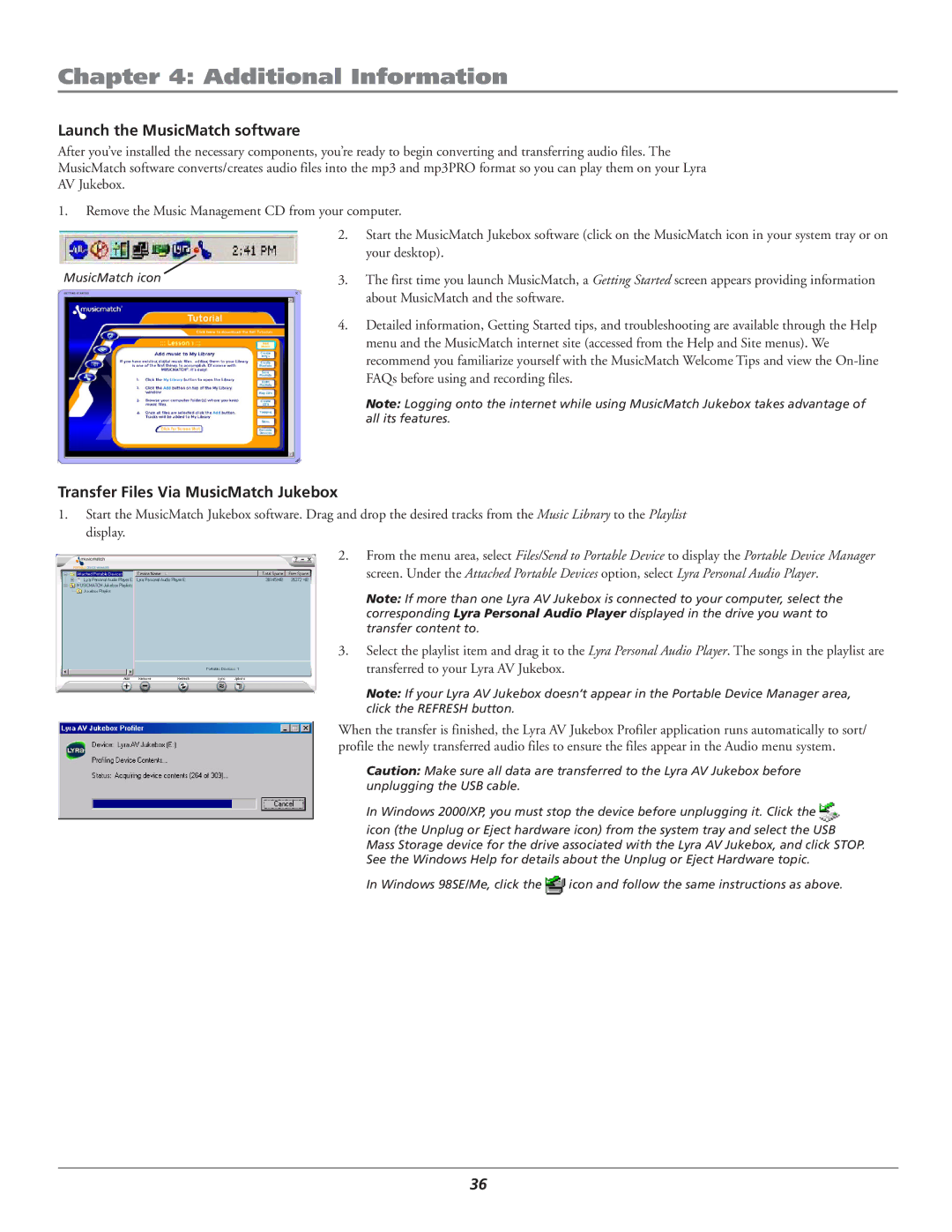 RCA RD2780 manual Launch the MusicMatch software, Transfer Files Via MusicMatch Jukebox 