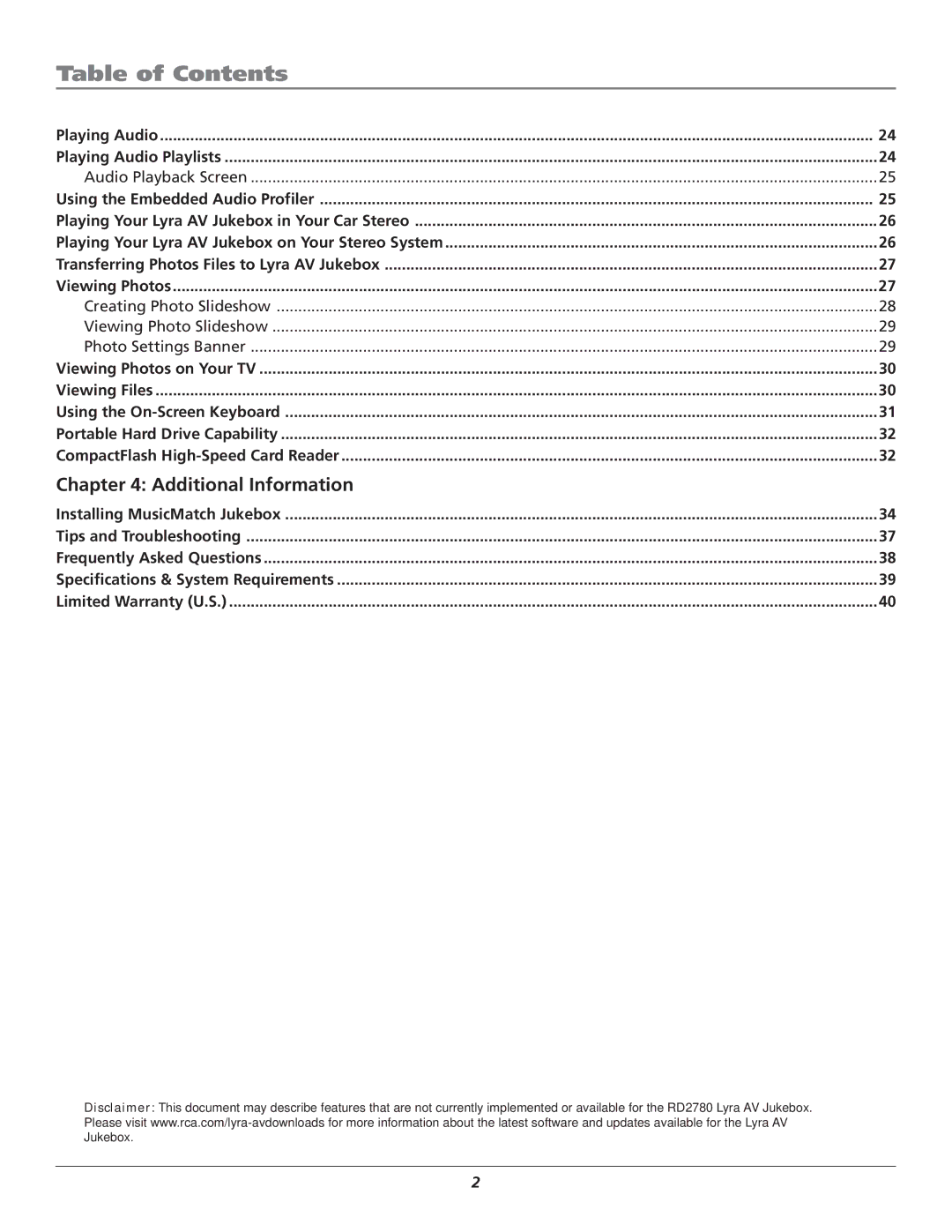 RCA RD2780 manual Additional Information 