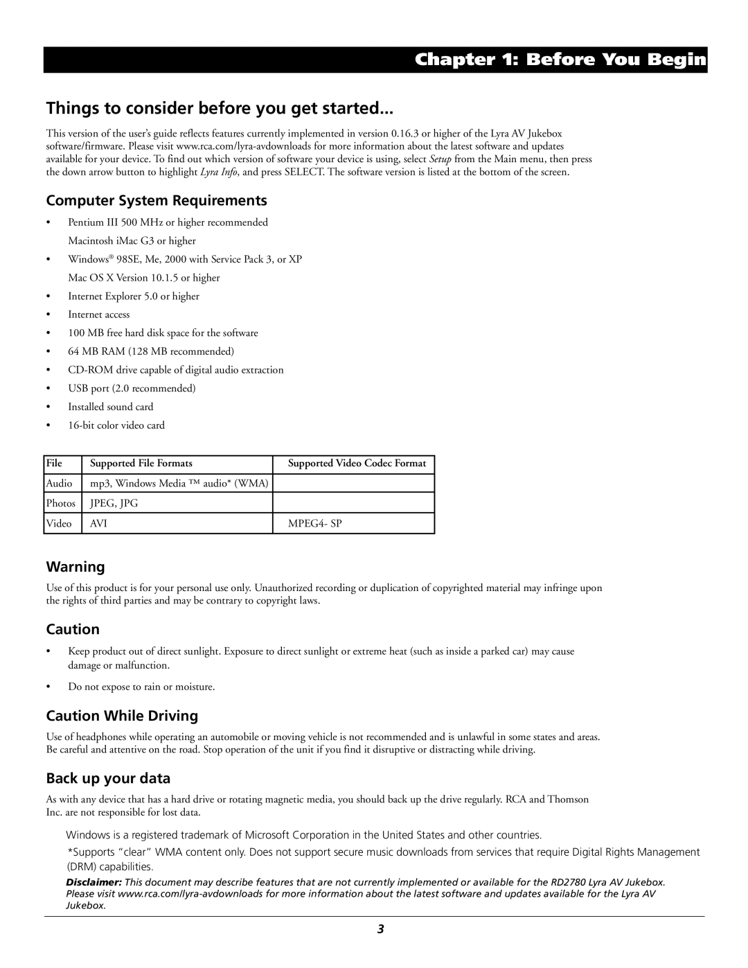 RCA RD2780 manual Things to consider before you get started, Computer System Requirements, Back up your data 