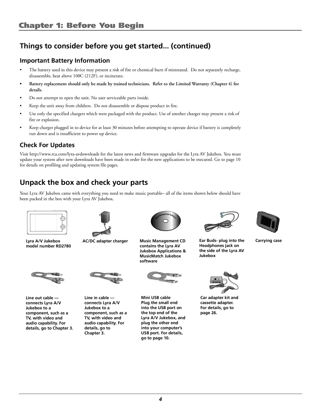 RCA RD2780 manual Before You Begin, Unpack the box and check your parts, Important Battery Information, Check For Updates 