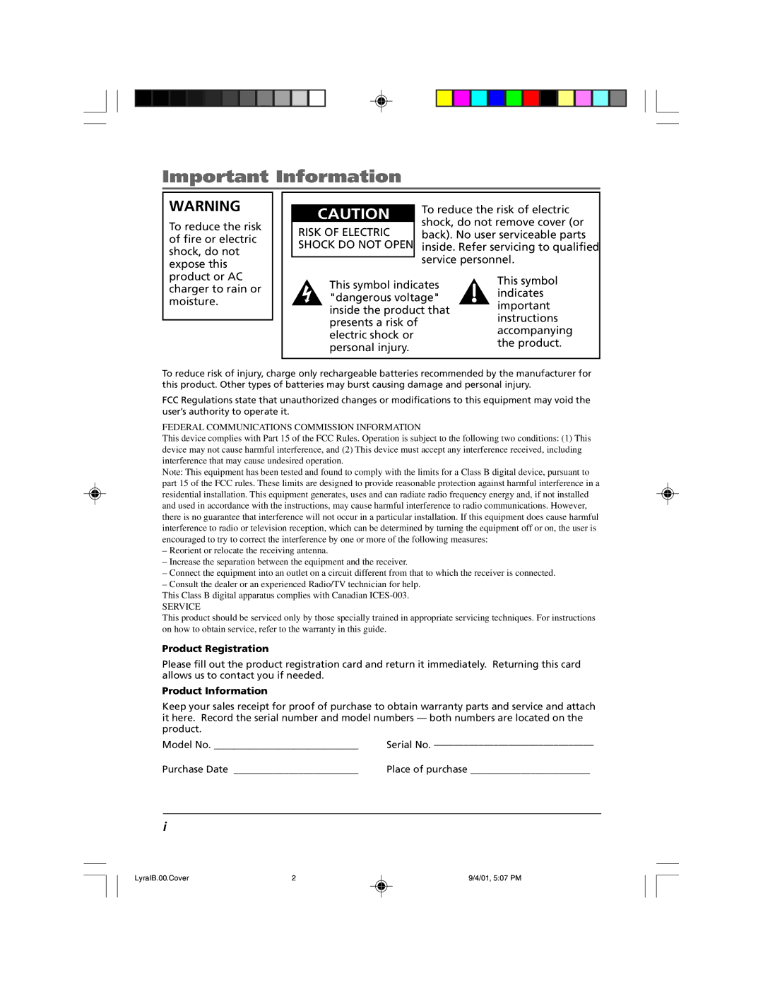 RCA RD2800 manual Important Information 