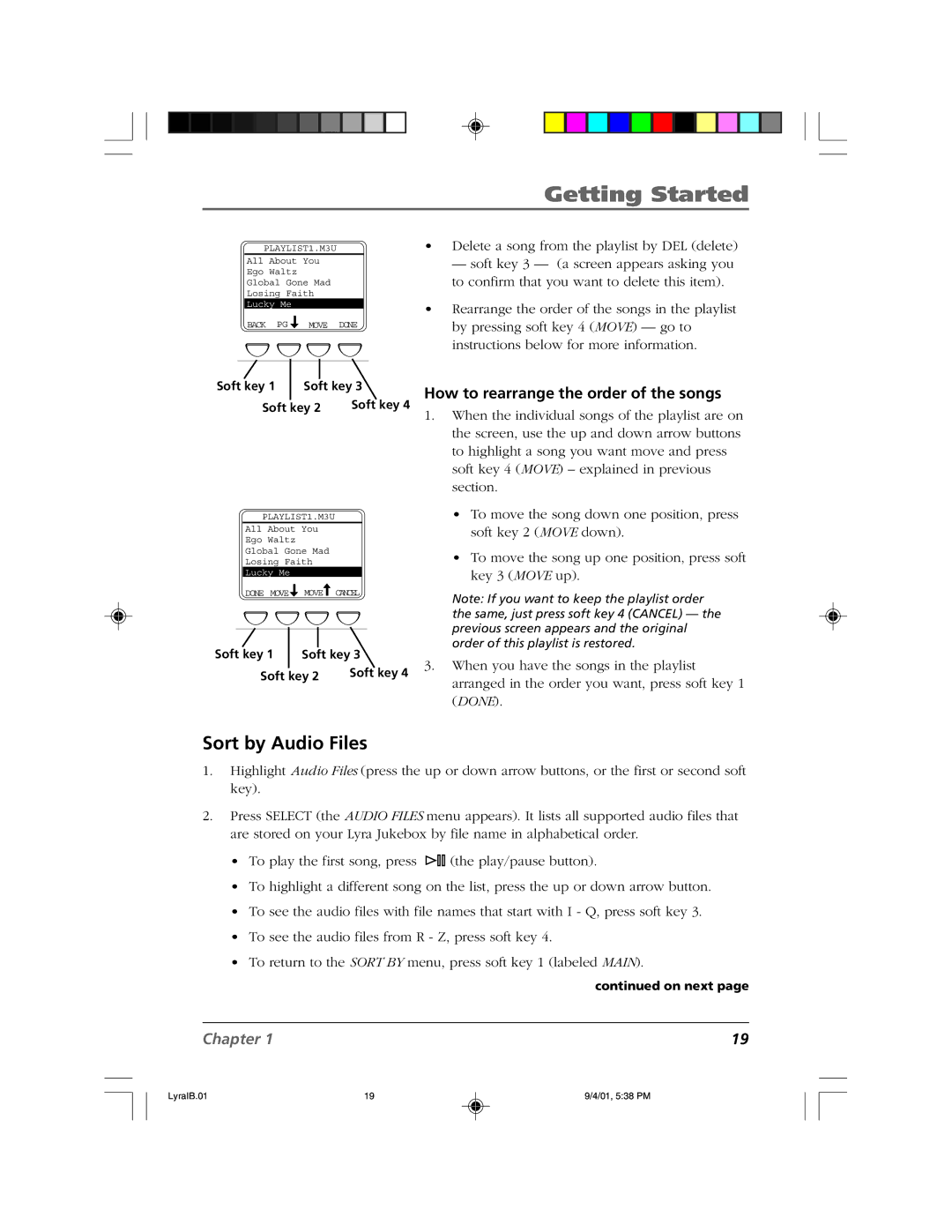 RCA RD2800 manual Sort by Audio Files, How to rearrange the order of the songs 