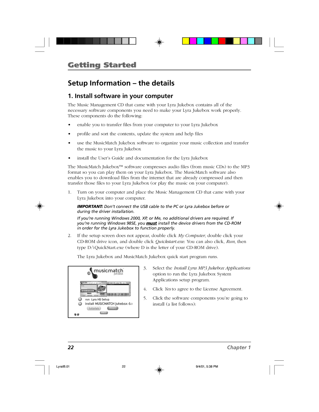 RCA RD2800 manual Setup Information the details, Install software in your computer 