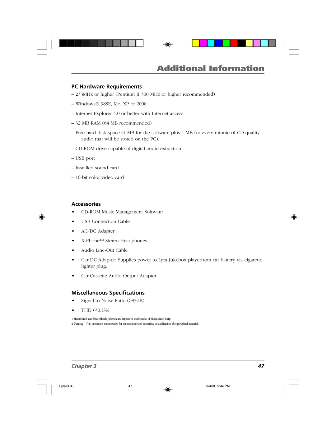 RCA RD2800 manual PC Hardware Requirements, Accessories, Miscellaneous Specifications 