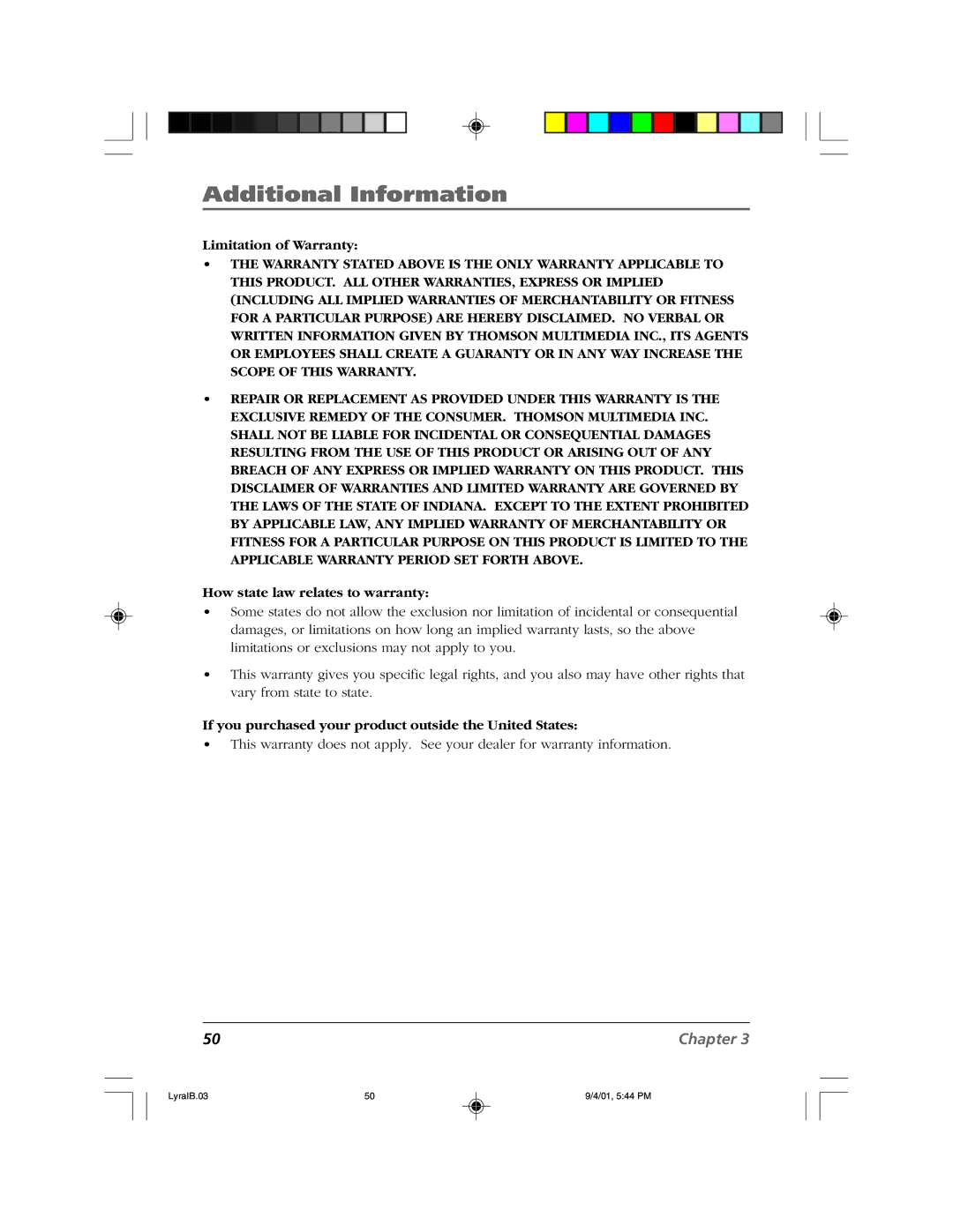 RCA RD2800 manual Limitation of Warranty 