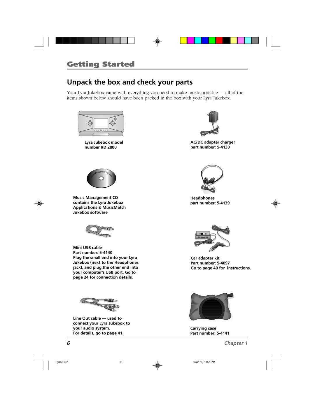 RCA RD2800 manual Unpack the box and check your parts, Mini USB cable Part number 