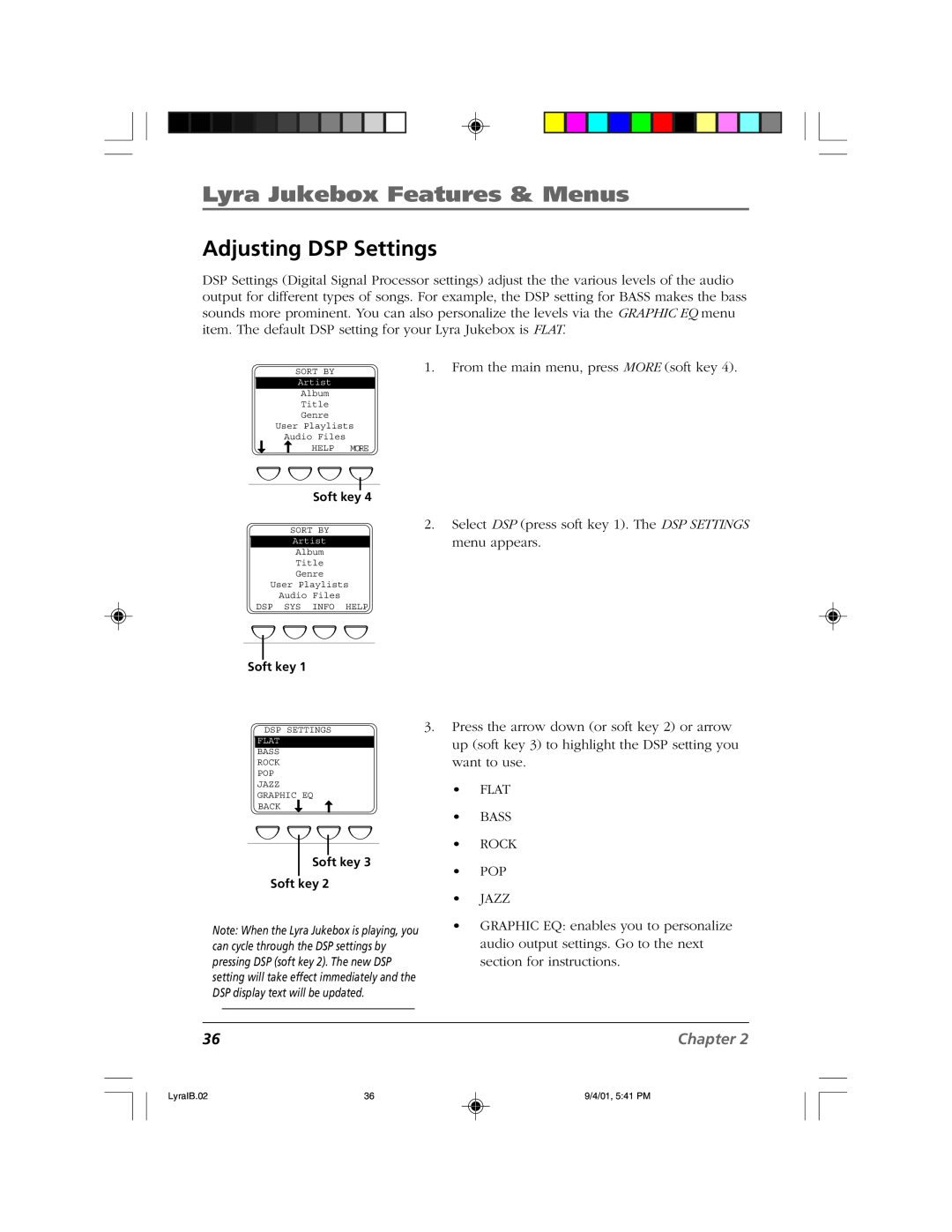 RCA RD2800 manual Adjusting DSP Settings, Lyra Jukebox Features & Menus, Chapter 