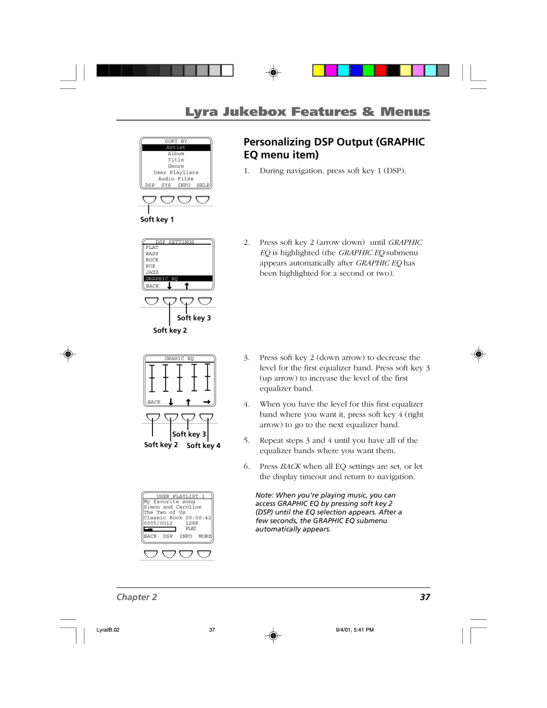 RCA RD2800 manual Personalizing DSP Output GRAPHIC EQ menu item, Lyra Jukebox Features & Menus, Chapter 