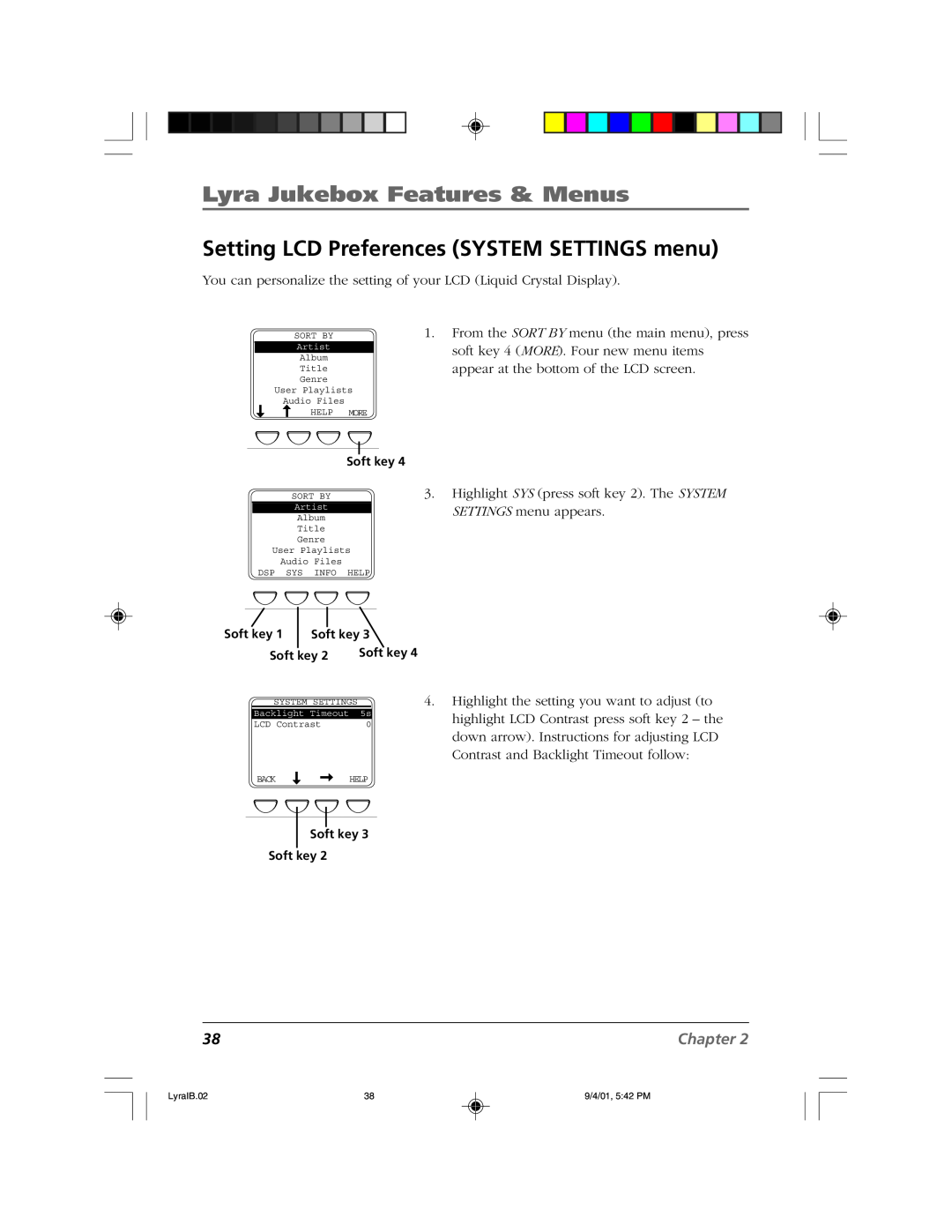 RCA RD2800 manual Setting LCD Preferences SYSTEM SETTINGS menu, Lyra Jukebox Features & Menus, Chapter, LyraIB.02 