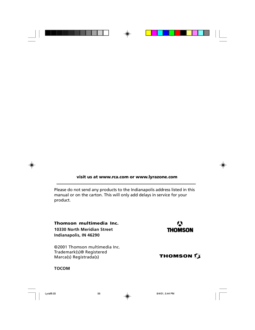 RCA RD2800 manual Thomson multimedia Inc, North Meridian Street Indianapolis, IN, Tocom, LyraIB.03, 9/4/01, 5 44 PM 