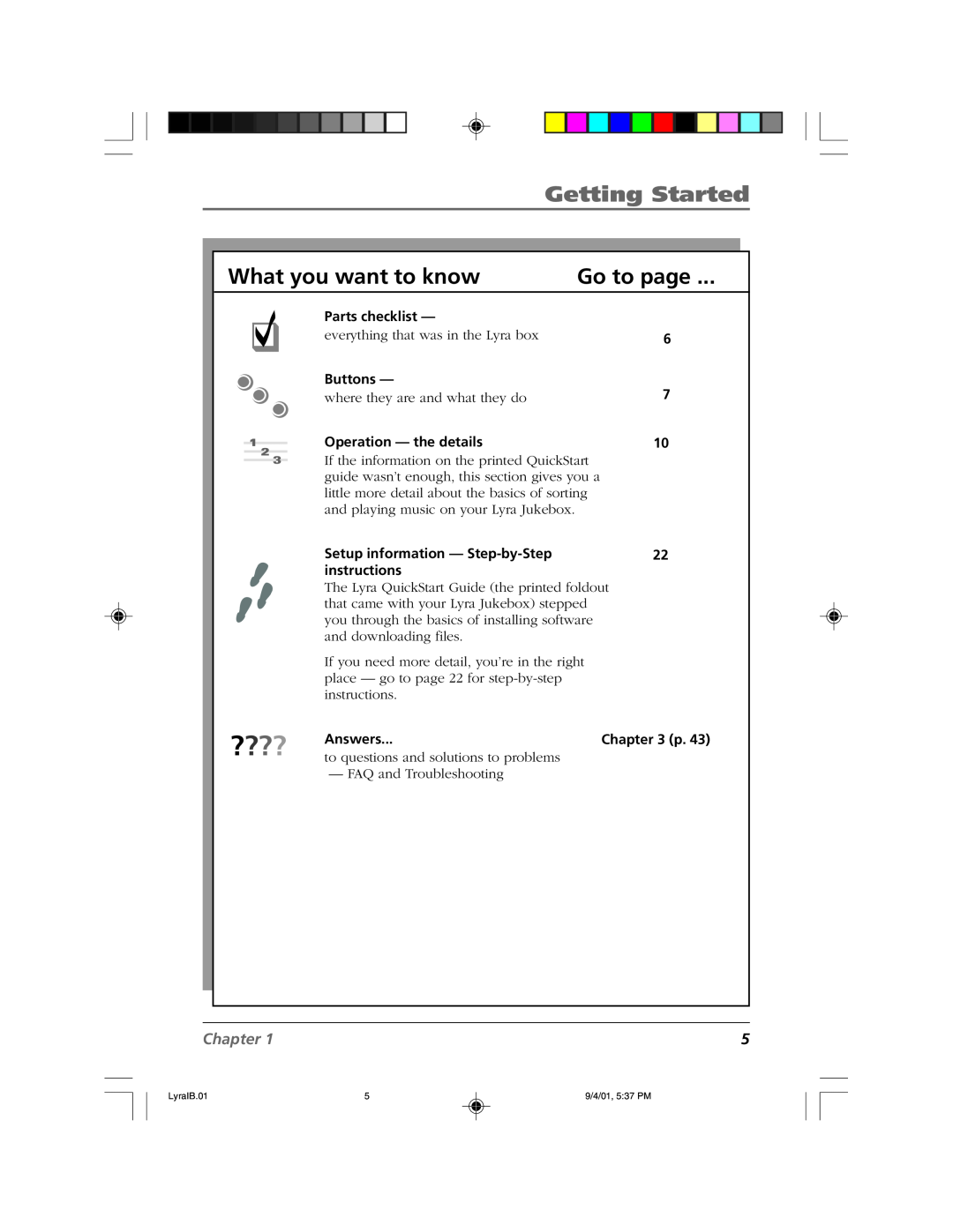 RCA RD2800 manual What you want to know, ????, Getting Started, Go to page, Chapter, Parts checklist, Buttons, instructions 