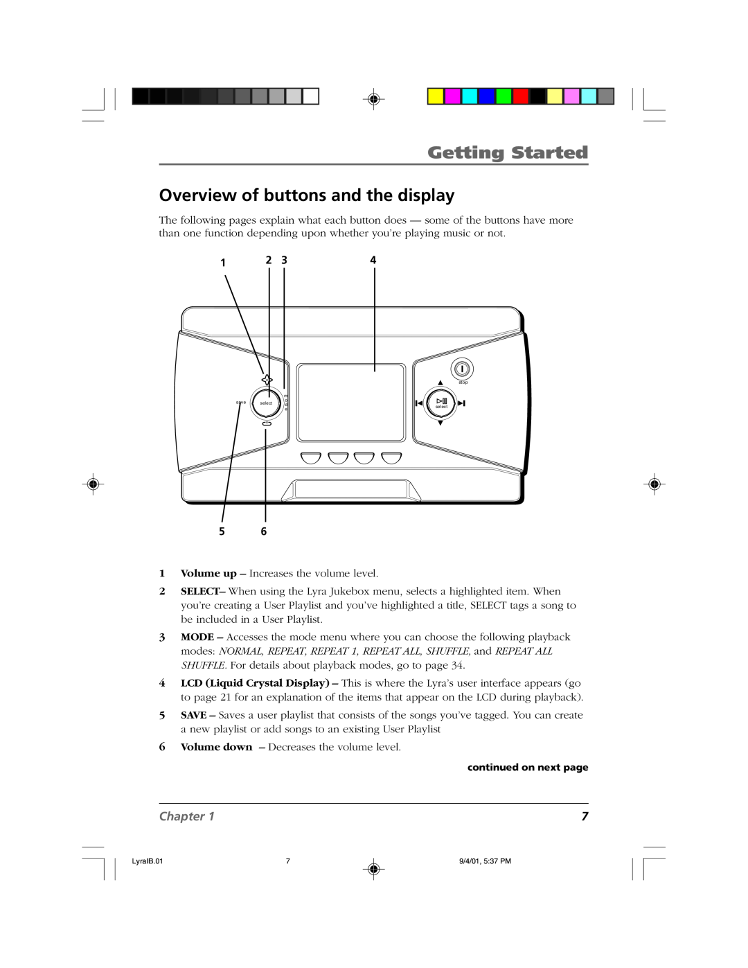 RCA RD2800 manual Overview of buttons and the display, Getting Started, Chapter 