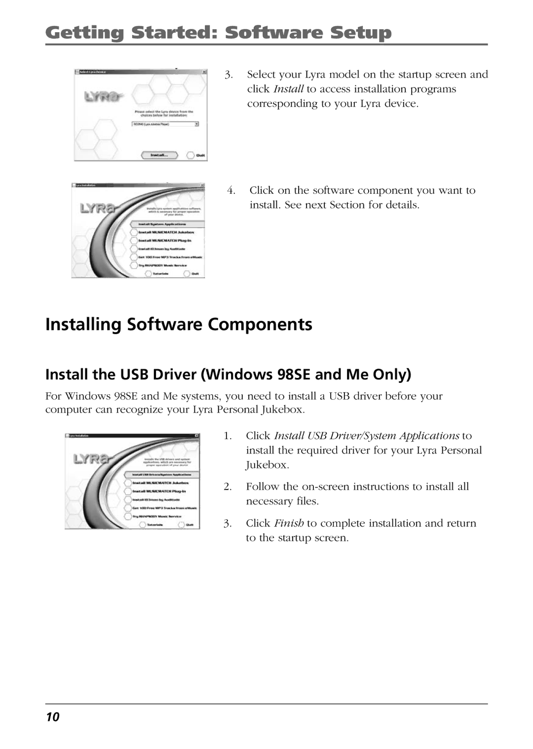 RCA RD2840, RD2825, RD2826 manual Installing Software Components, Install the USB Driver Windows 98SE and Me Only 