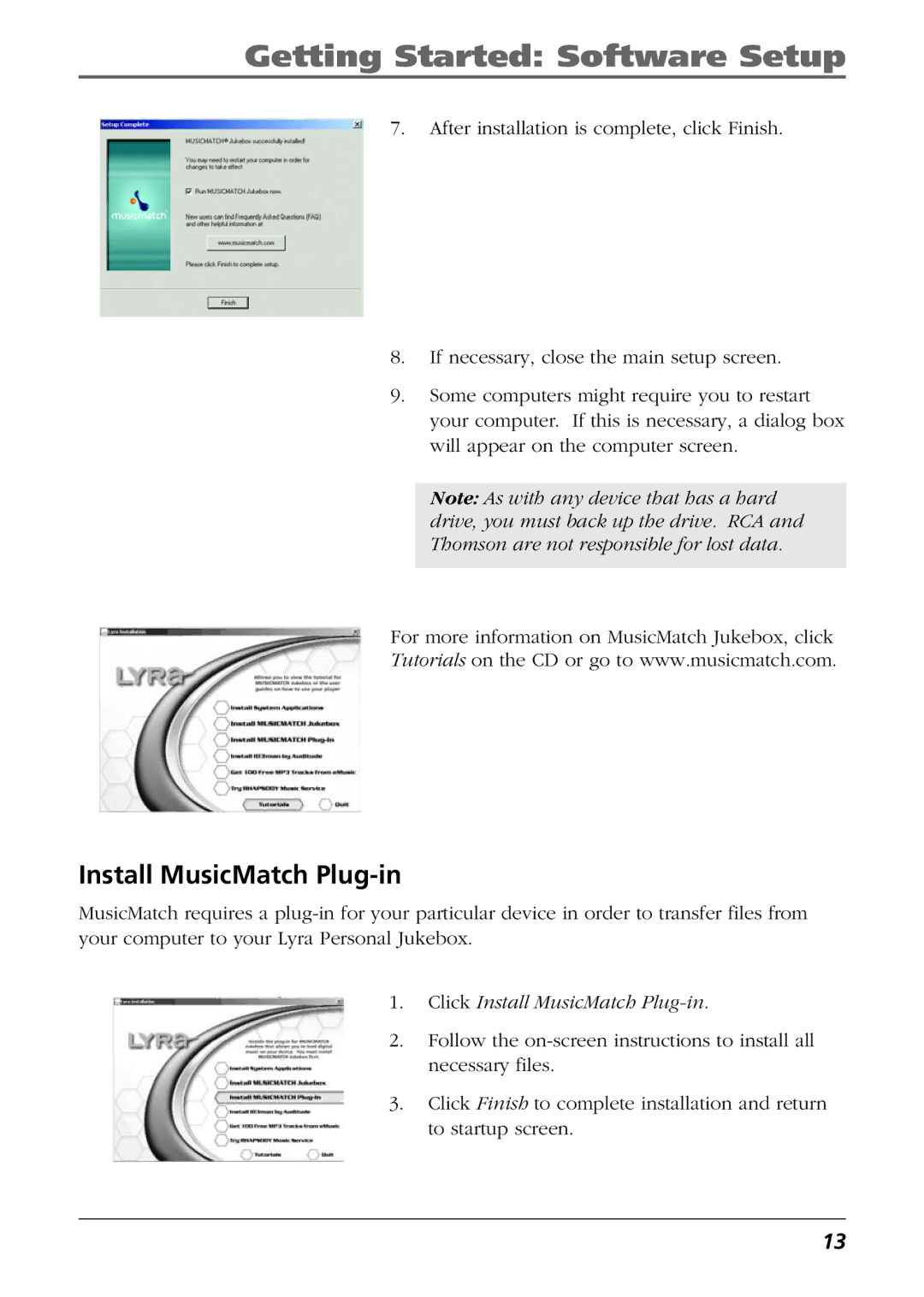 RCA RD2840, RD2825, RD2826 manual Click Install MusicMatch Plug-in 