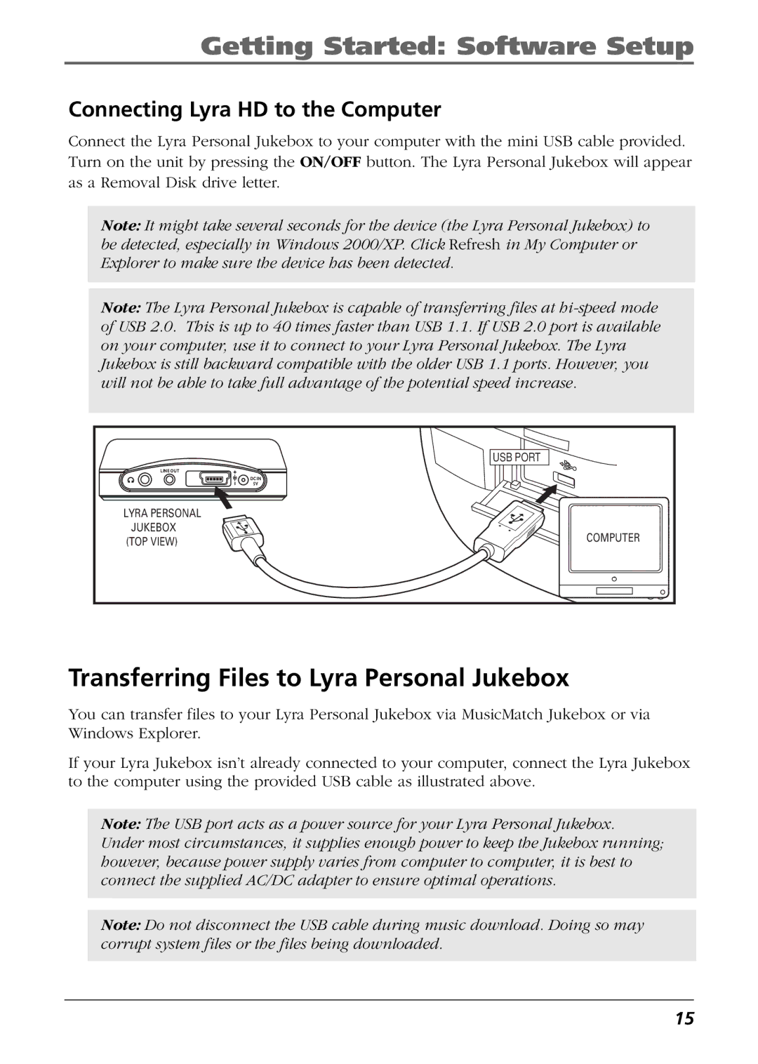 RCA RD2825, RD2840, RD2826 manual Transferring Files to Lyra Personal Jukebox, Connecting Lyra HD to the Computer 