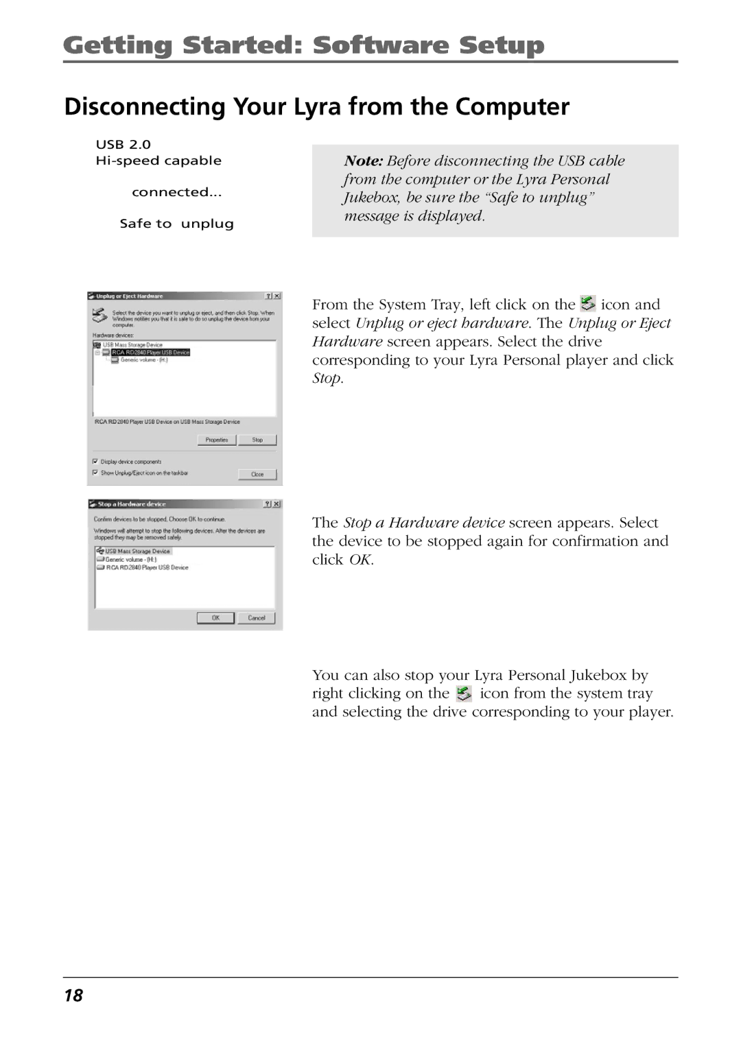 RCA RD2825, RD2840, RD2826 manual Disconnecting Your Lyra from the Computer 