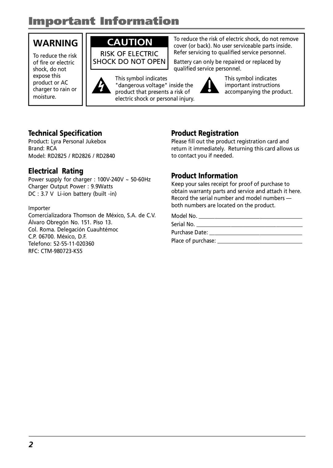 RCA RD2826, RD2825, RD2840 manual Technical Specification, Electrical Rating, Product Registration, Product Information 