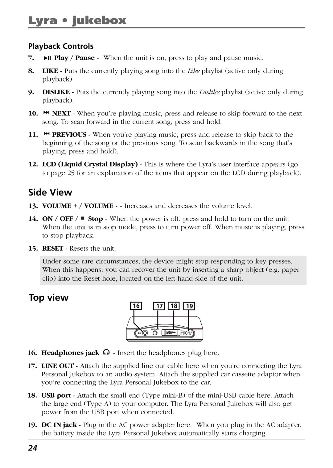 RCA RD2825, RD2840, RD2826 manual Side View, Top view, Playback Controls 