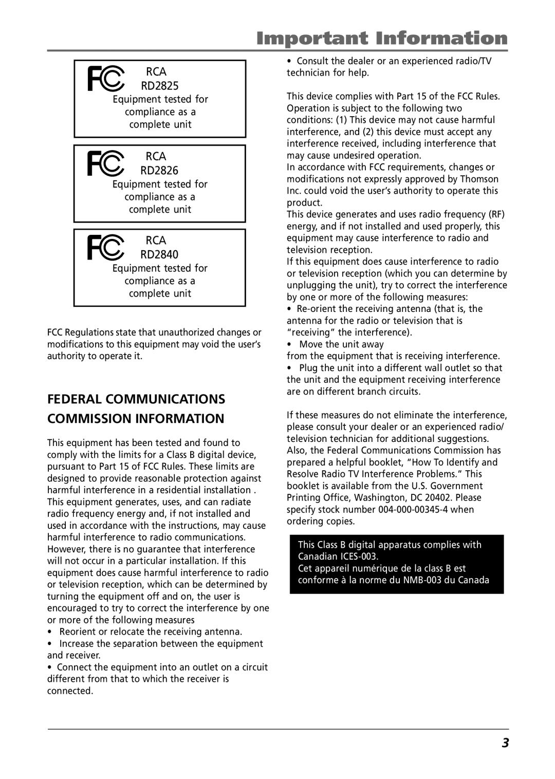 RCA RD2825, RD2840, RD2826 manual Federal Communications Commission Information 