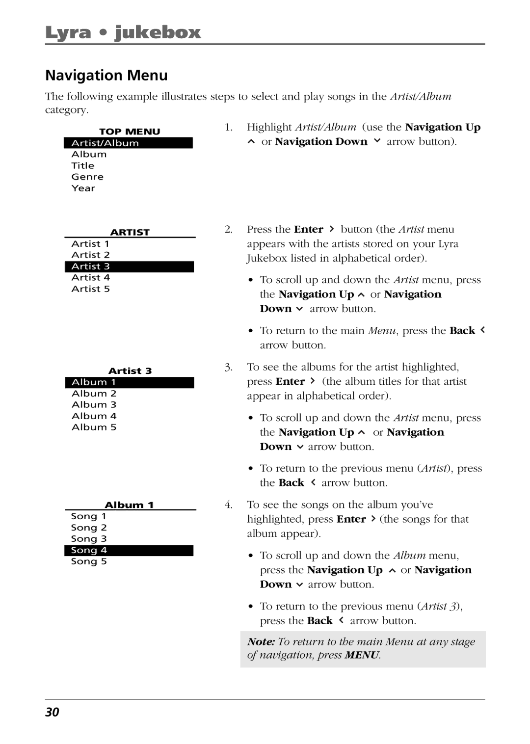 RCA RD2825, RD2840, RD2826 manual Navigation Menu 