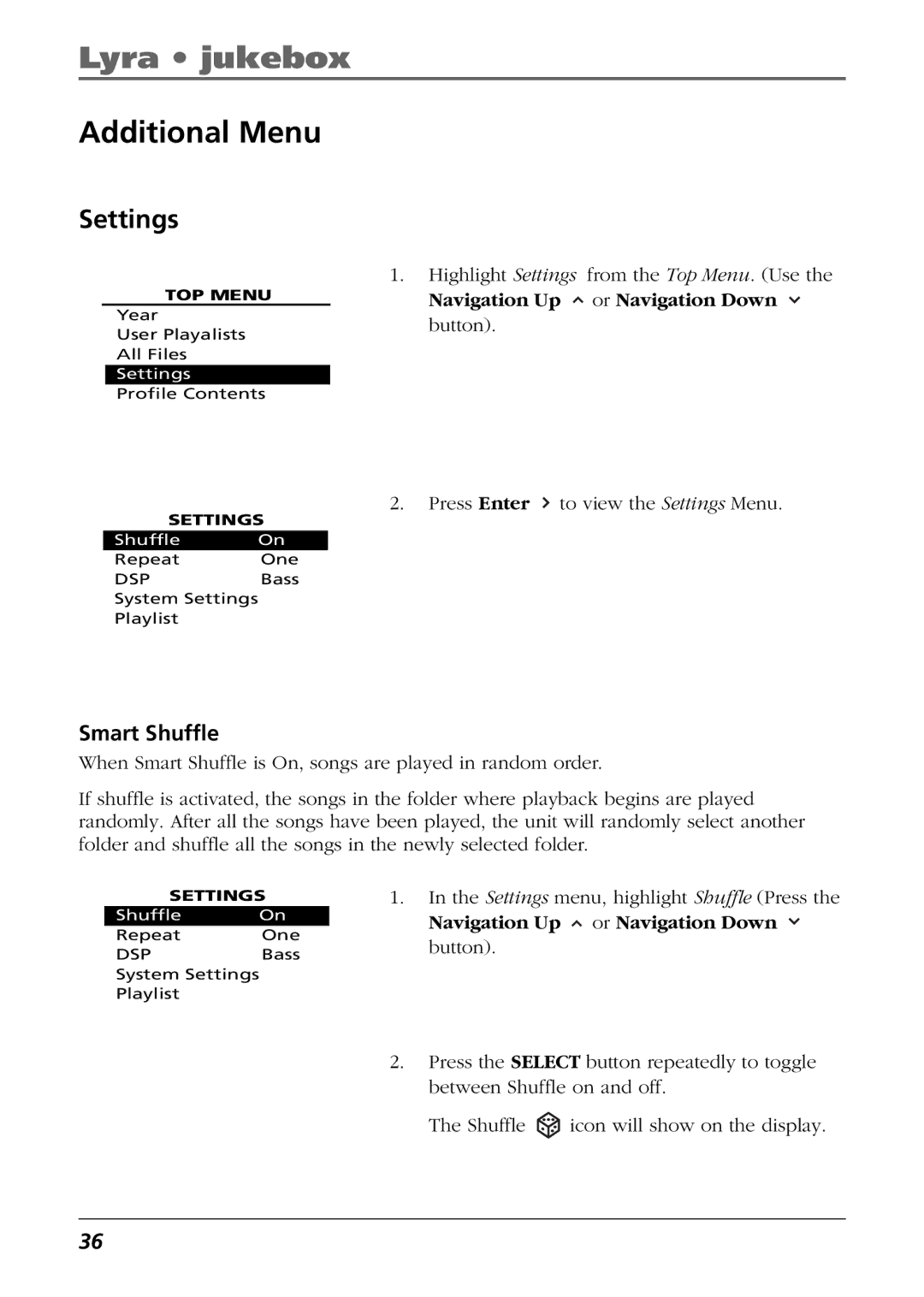 RCA RD2825, RD2840, RD2826 manual Additional Menu, Settings, Smart Shuffle 