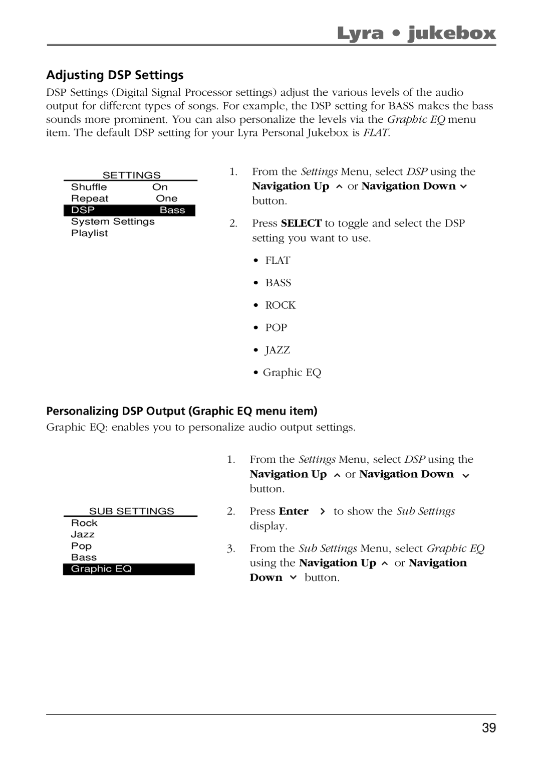 RCA RD2825, RD2840, RD2826 manual Adjusting DSP Settings, Personalizing DSP Output Graphic EQ menu item 