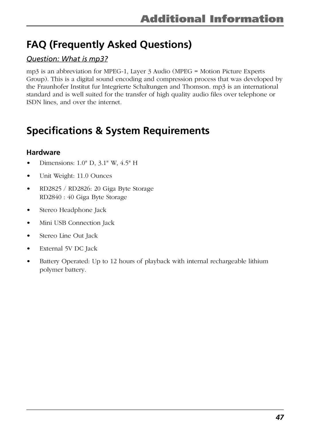 RCA RD2826, RD2825, RD2840 manual FAQ Frequently Asked Questions, Specifications & System Requirements, Hardware 