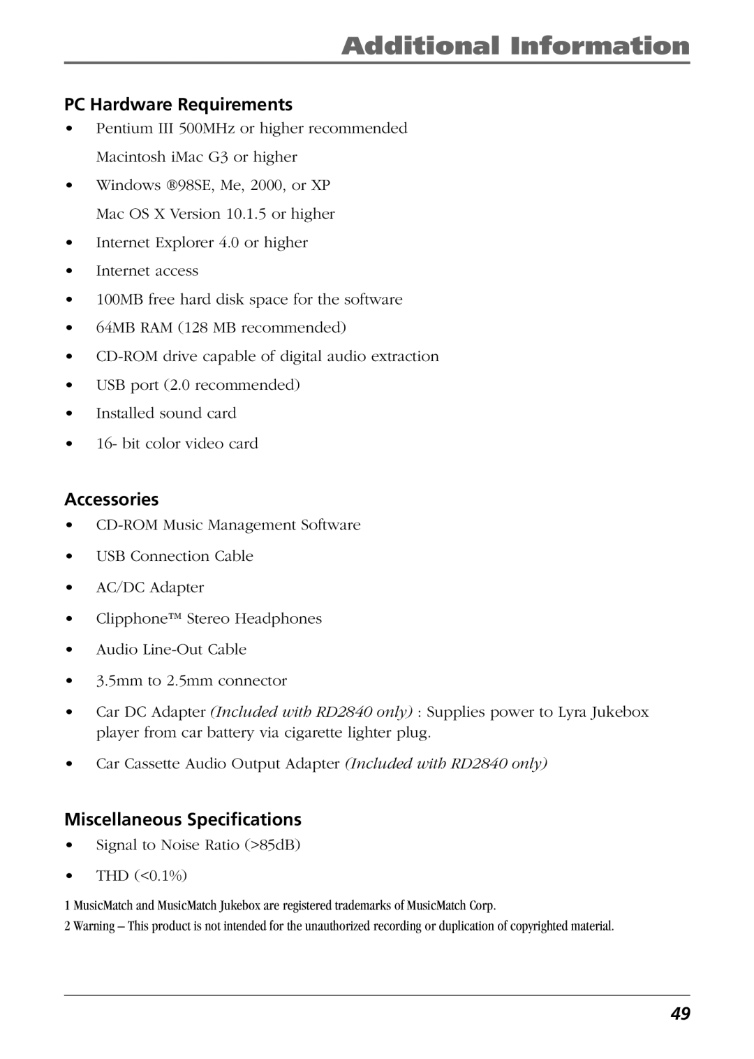 RCA RD2840, RD2825, RD2826 manual PC Hardware Requirements, Accessories, Miscellaneous Specifications 