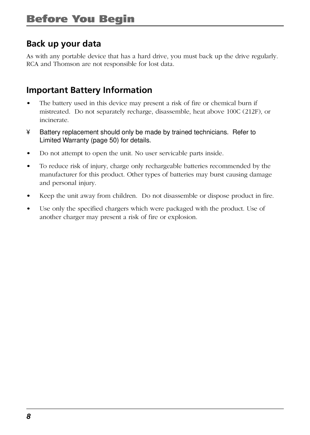 RCA RD2826, RD2825, RD2840 manual Back up your data, Important Battery Information 