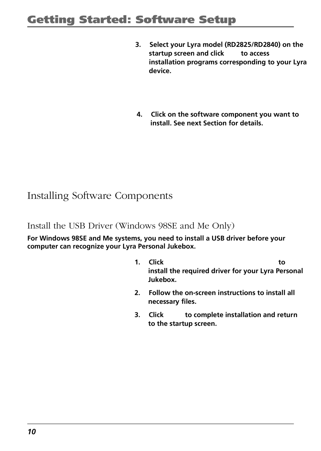 RCA RD2840 manual Installing Software Components, Install the USB Driver Windows 98SE and Me Only 