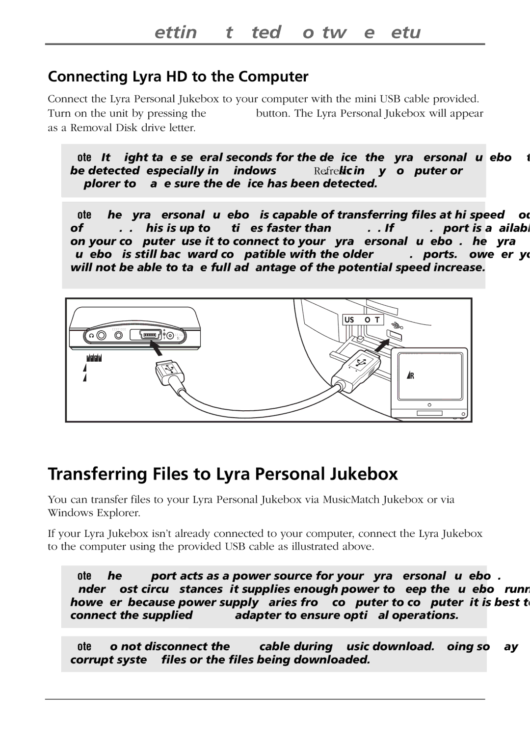 RCA RD2840 manual Transferring Files to Lyra Personal Jukebox, Connecting Lyra HD to the Computer 