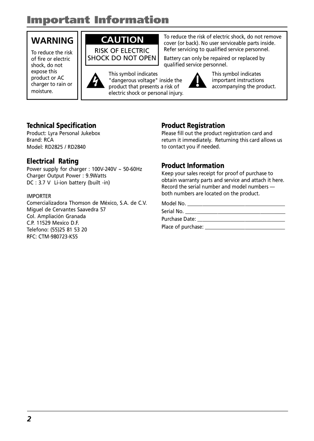 RCA RD2840 manual Technical Specification, Electrical Rating, Product Registration, Product Information 