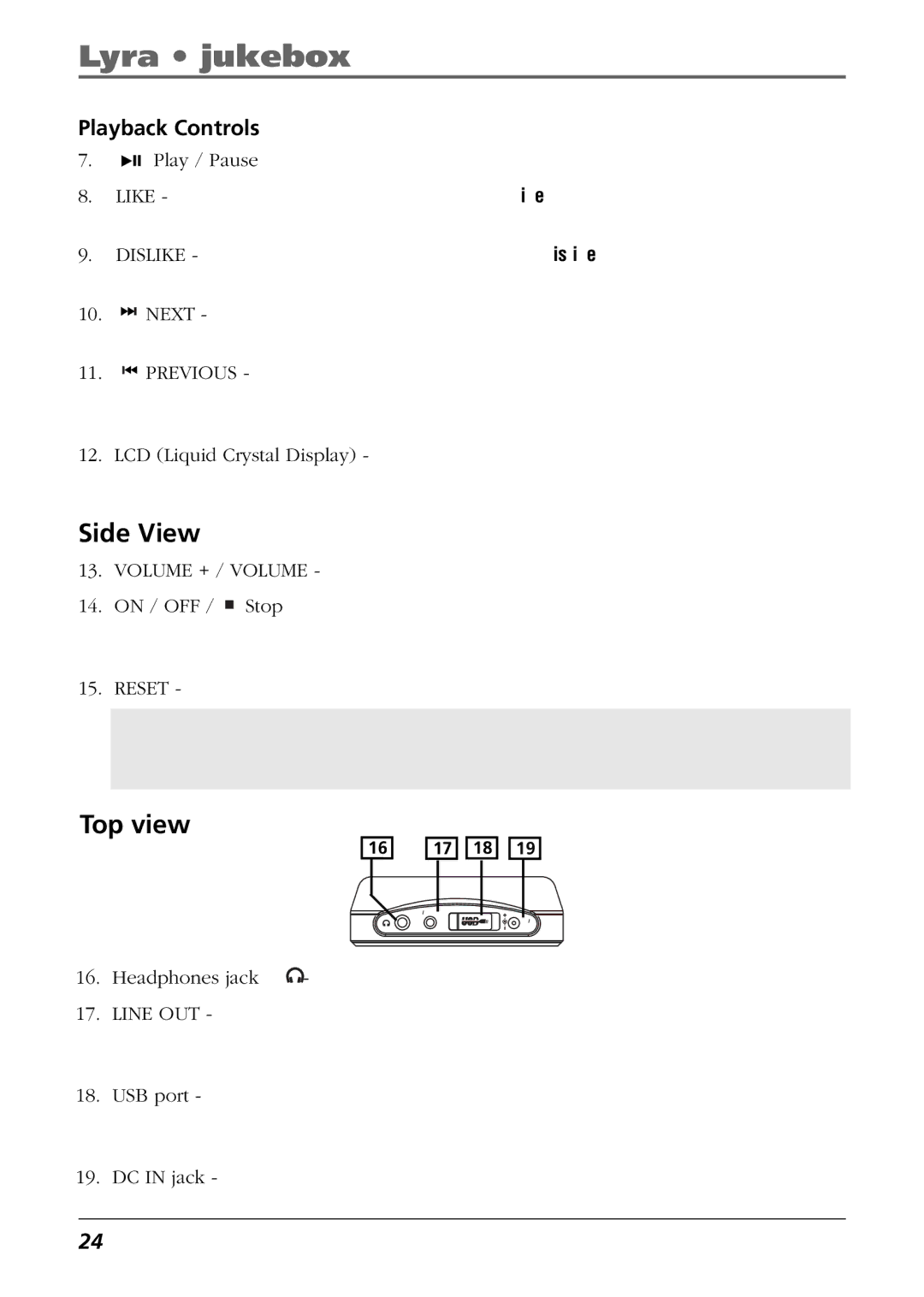 RCA RD2840 manual Side View, Top view, Playback Controls 