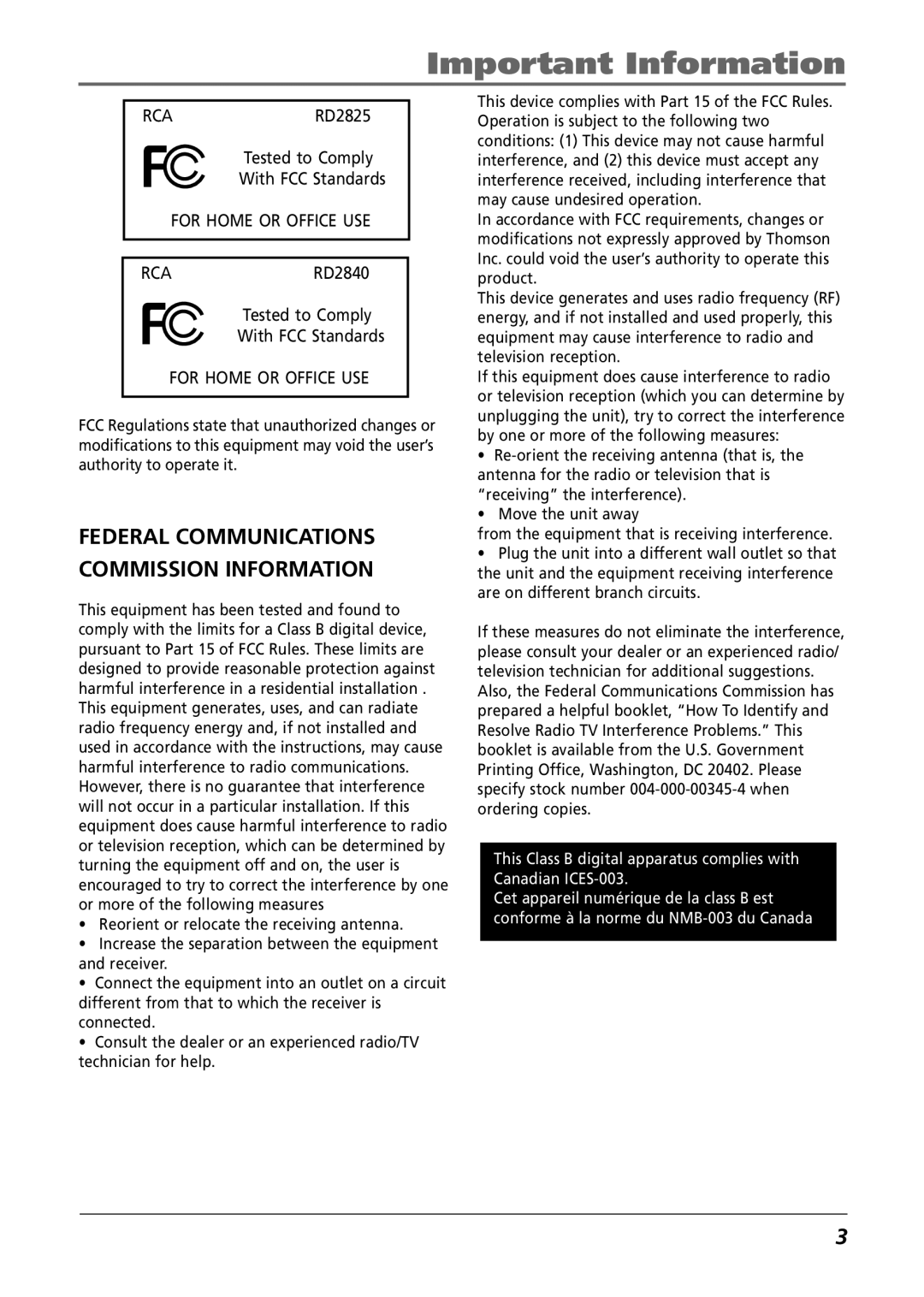 RCA RD2840 manual Federal Communications Commission Information 